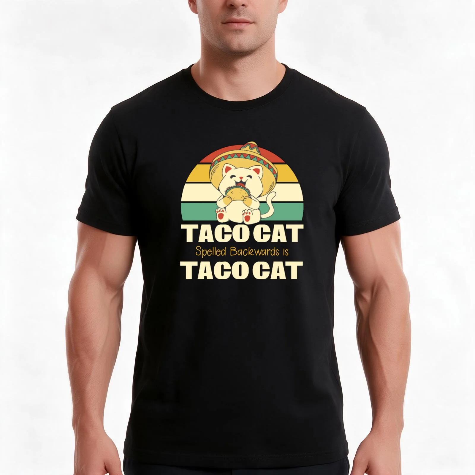 Taco Cat Spelled Backwards Is Taco Cat Retro Sunset T-Shirt, Summer Casual Cotton Tee, Oversized Streetwear Tops, 100% Cotton