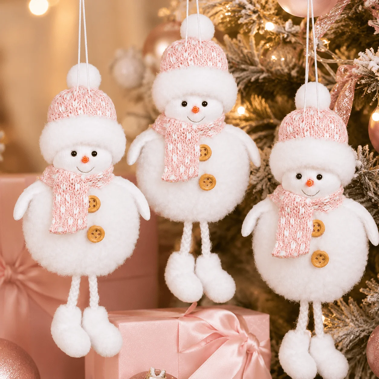 3pcs Snowman Christmas Hanging Ornament, Gray and Pink Hat Scarf Snowman Pendant with Buttons and Dangling Legs,Room Decoration