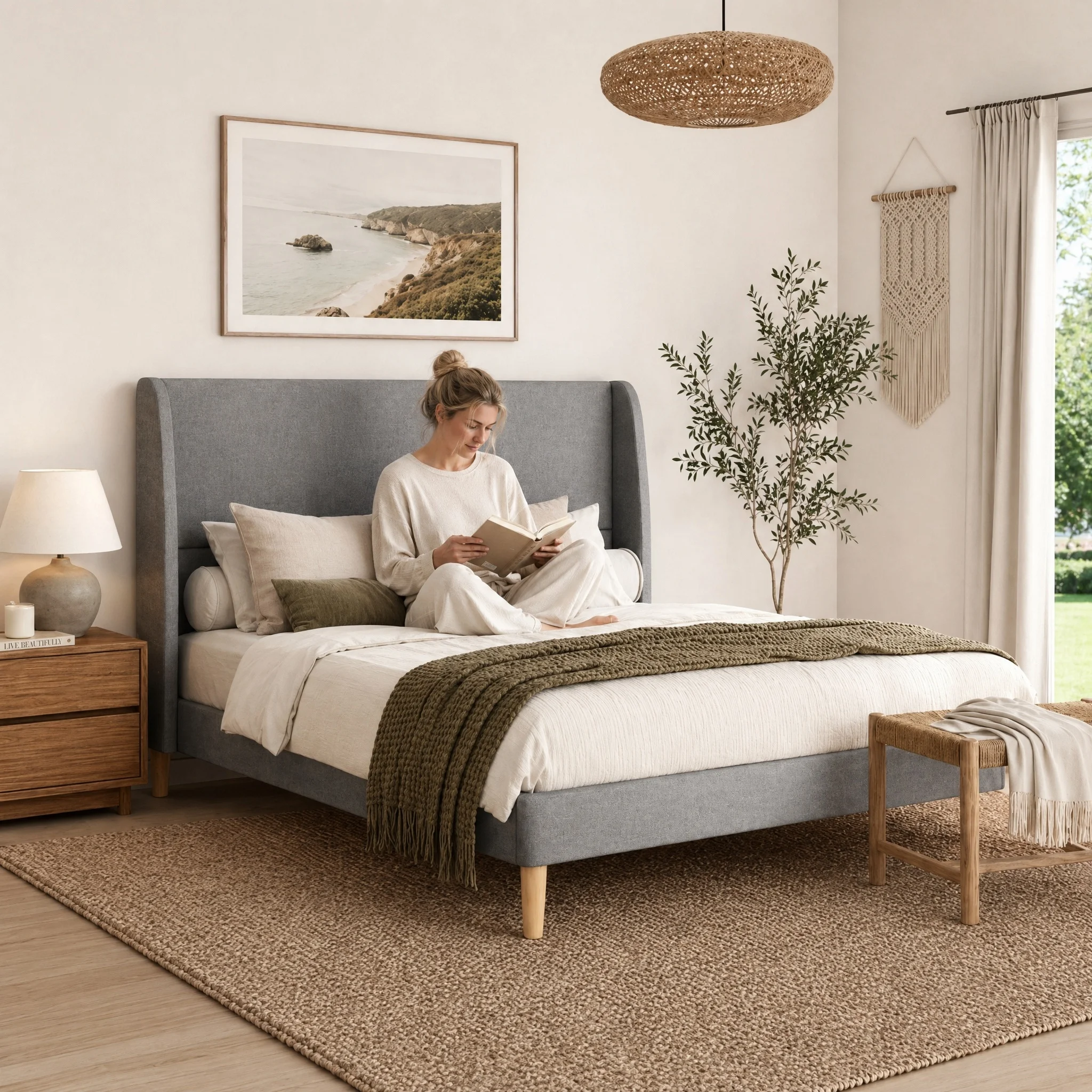Queen/King Size White/GRAY Upholstered Platform Bed Frame, Tall Wingback Padded Headboard, Sturdy Wooden Support Legs, No Box Spring Required, Easy Quick Assembly
