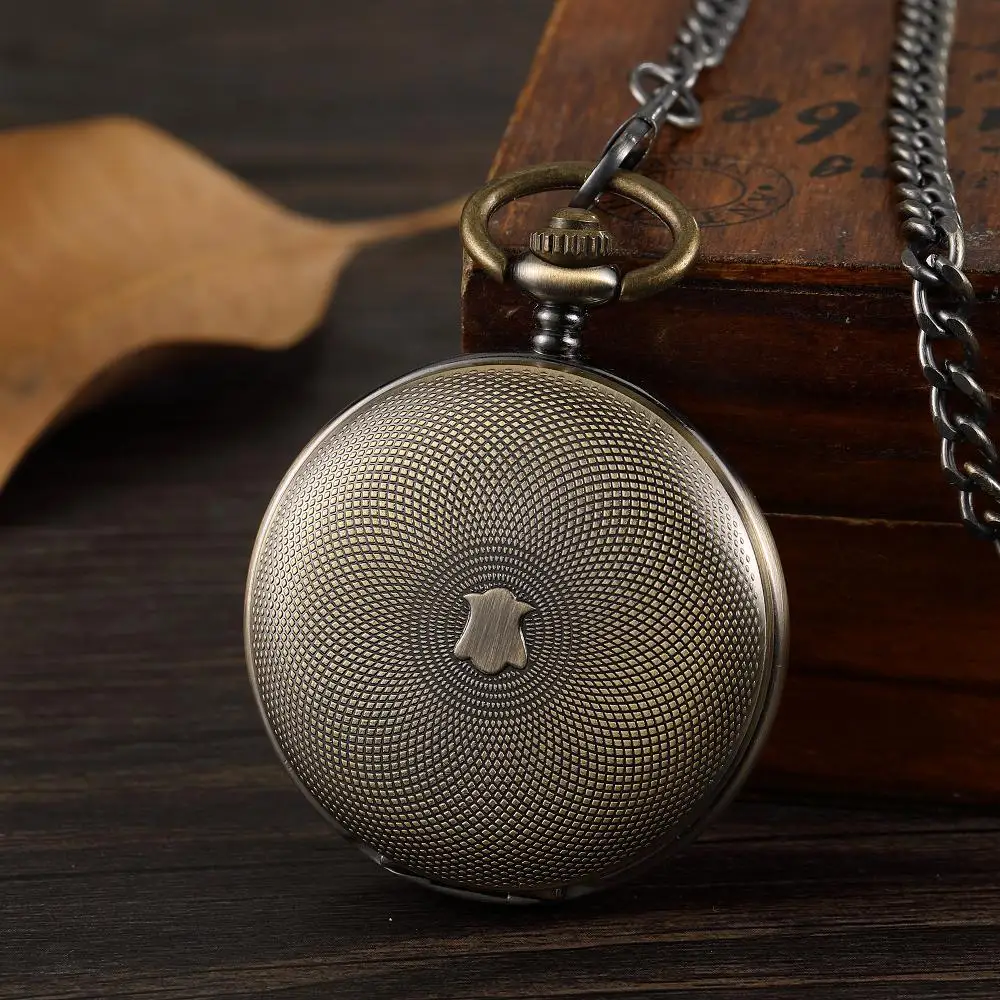 Bronze Mechanical Pocket Watch with Shield Crest Guilloche Engraving Flip Cover Retro Fob Wristwatch