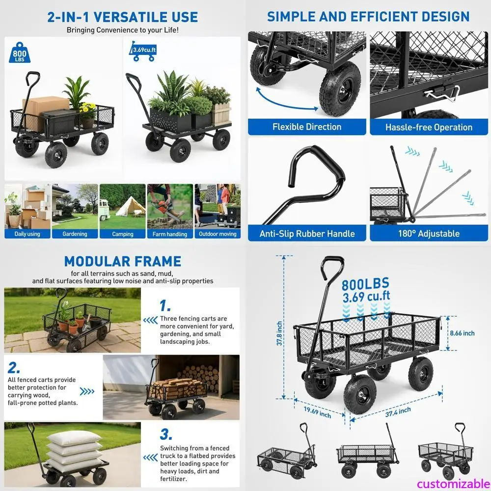 

Сверхмощная вездеходная стальная садовая тележка емкостью 800 фунтов и надувными колесами для двора, газона и фермы.