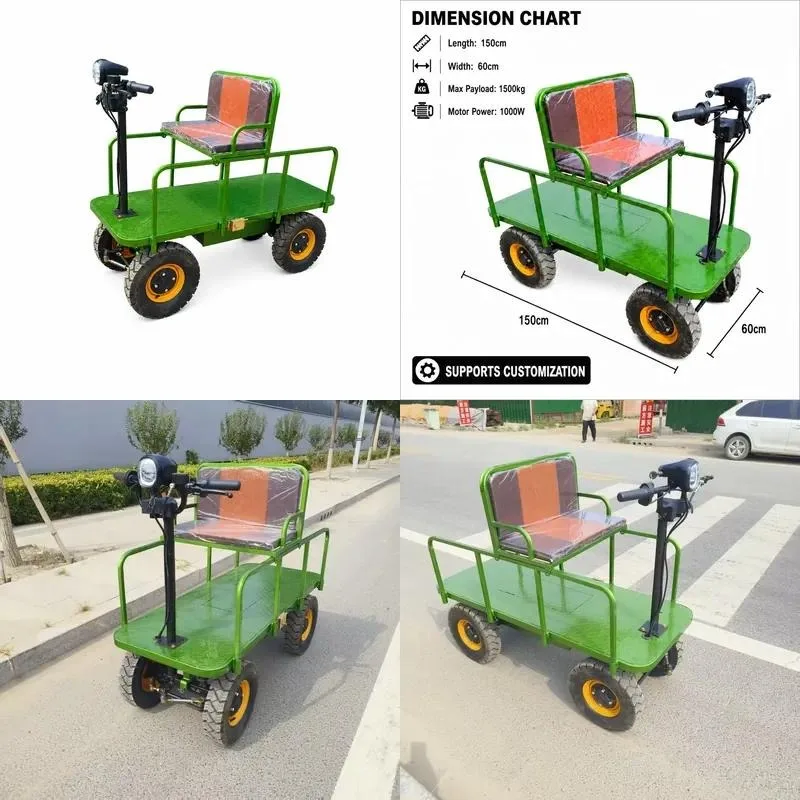 Green Electric Flatbed Cart with Seat 4 Wheel Heavy Duty Platform Trolley Customized Load Bearing 1500kg Multi Function