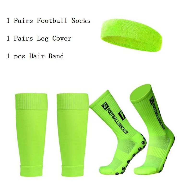 3Pcs Set FS Soccer Socks Anti-Slip Grip Football Socks Men Women Shin Guard Leg Cover Running Yoga Gym Elastic Sport Headband