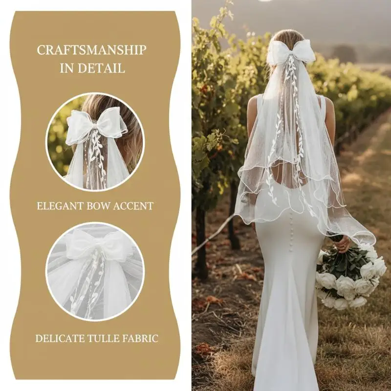 Bridal Veil Women's Tulle Two Layer Simple Elegant Bow Lace Edge Wedding Veil With Clip For Wedding Party