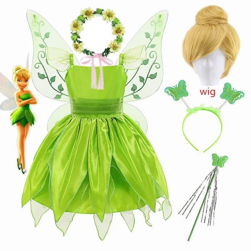 Tinkerbell Costume For Girls Flower Fairy Cosplay Outfits Kids halloween Tinker bell Green Princess Gown Children Birthday Gift