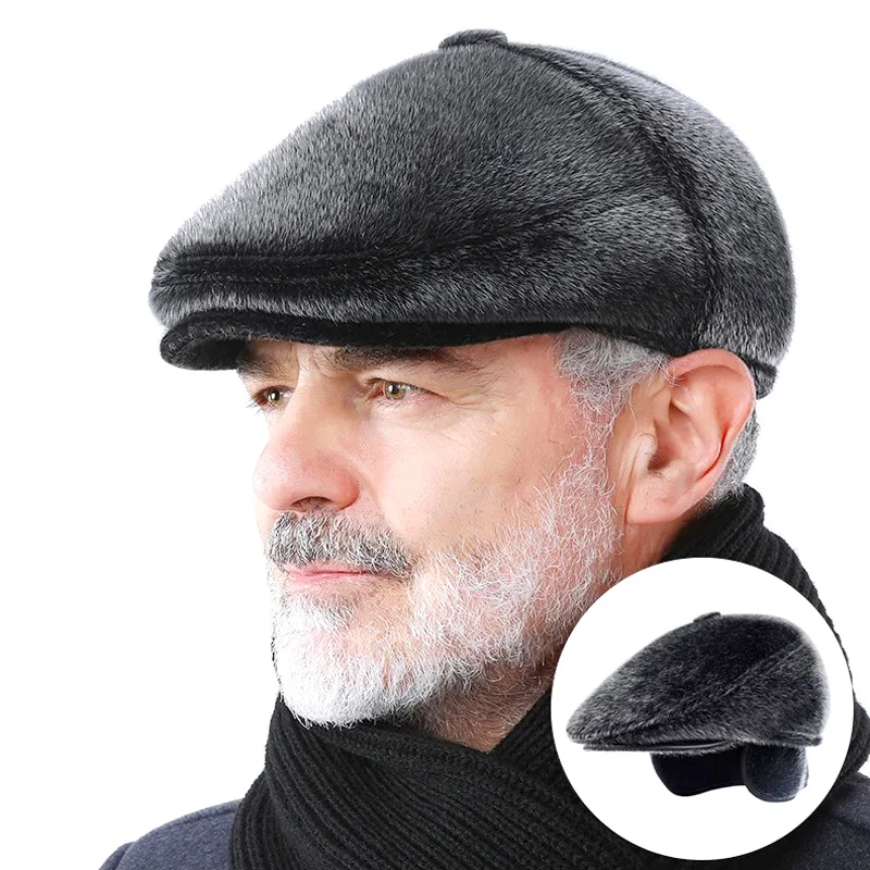 Winter Beret Cap For Men Faux Fur Driving Men\'s Newsboy Cap With Earflaps Beret Dad Hat For Elderly Flat Visor Winter Warm Hats