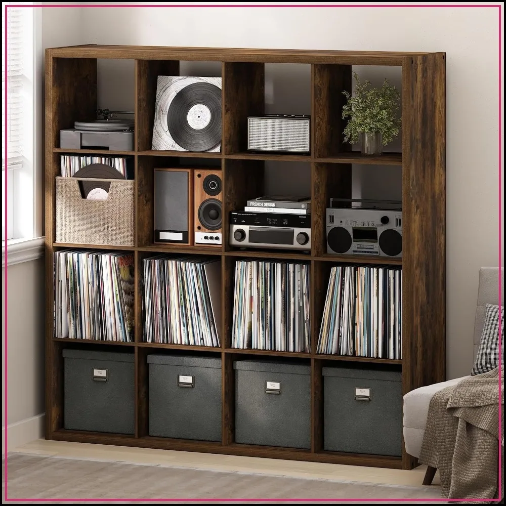 Cubicle Record Player Stand, 16-Cube Vinyl Storage Rack, Amber Pine Wood