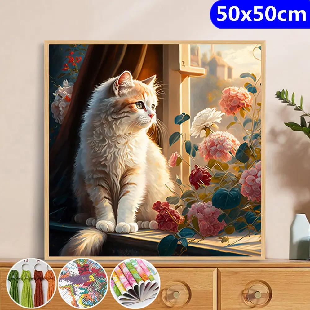 Needlework, DIY Cross-stitch, Full Embroidery Kits, Cat Flowers on the windowsill Patterns Cross Stitch 11CT Printed on Canvas