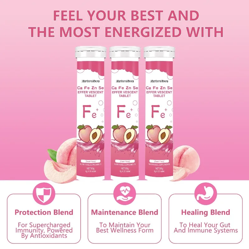 

Calcium Iron Zinc Selenium Effervescent Tablets Peach Flavor High Purity Natural Formula Daily Supplement