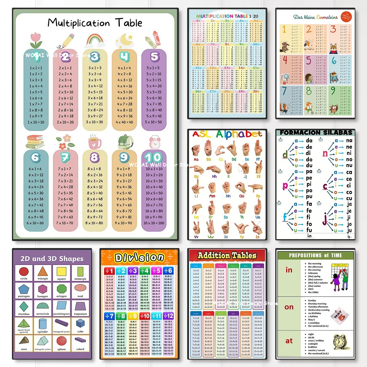 Multiplication Table & Number 1-100 Canvas Print Weekly French Day Education Wall Art Poster for Nursery Classroom Home Decor