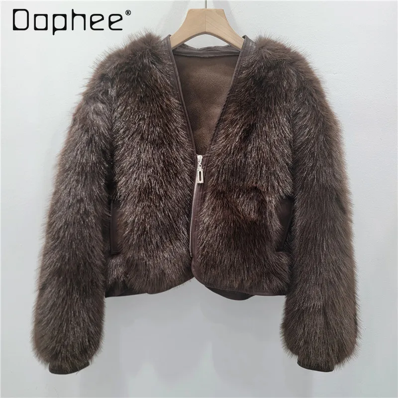

Eco-friendly Mink Fur Coat for Women Winter New Fashion V-neck Patchwork Single-breasted Imitation Fur Integrated Plush Coat