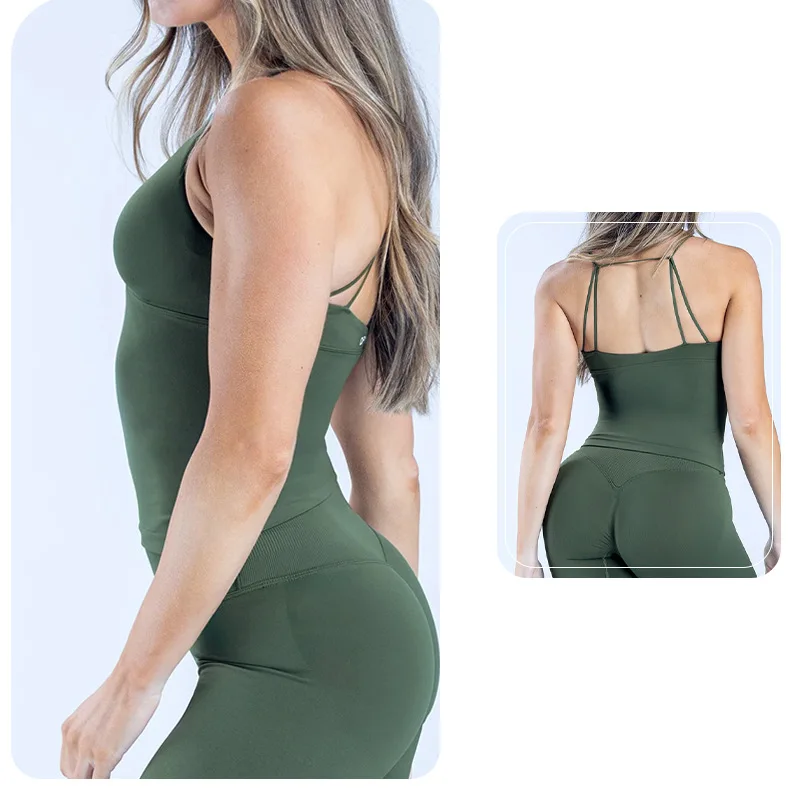 Nahtloses, gepolstertes Sport-Top für Damen mit überkreuzten Trägern, sexy rückenfreies Yoga-Top, hochelastisches Camisole-Oberteil für Sommer, Laufen, Fitness und Workout – Detail 14