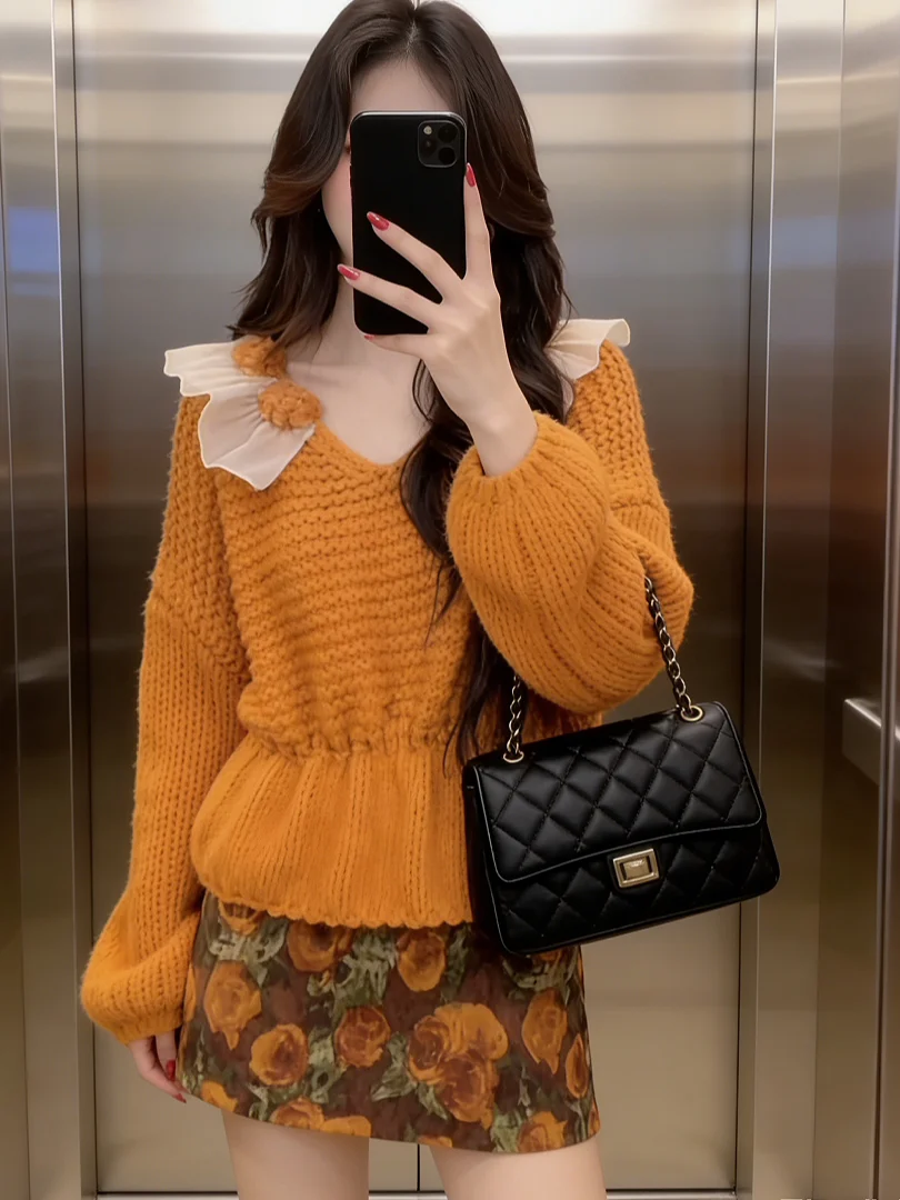 

Early Autumn Korean Sle Aosphere Rich Girl Miu Series OOTD Matching Set High Waist ort Skirt Long Sve V-Ne Knitwear