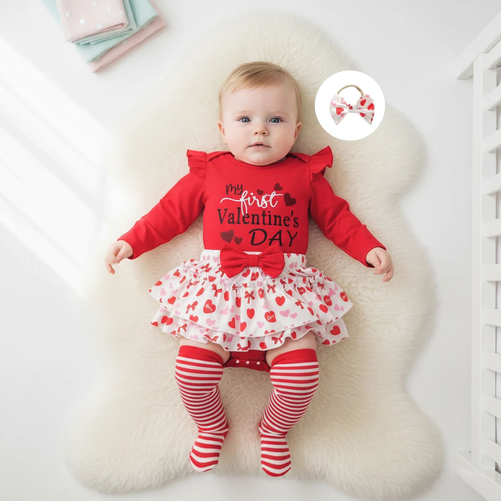 

Комплект из 4 предметов для маленьких девочек на День святого Валентина, комбинезон с длинными рукавами и круглым вырезом, вышивкой букв, юбка, гетры с повязкой на голову, комплект