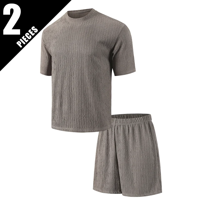 2-Piece Men's Short-Sleeved Set - Youthful Summer Plain-Colored Pleated T-Shirt For Sports Comfortable Home Wear Fashionable