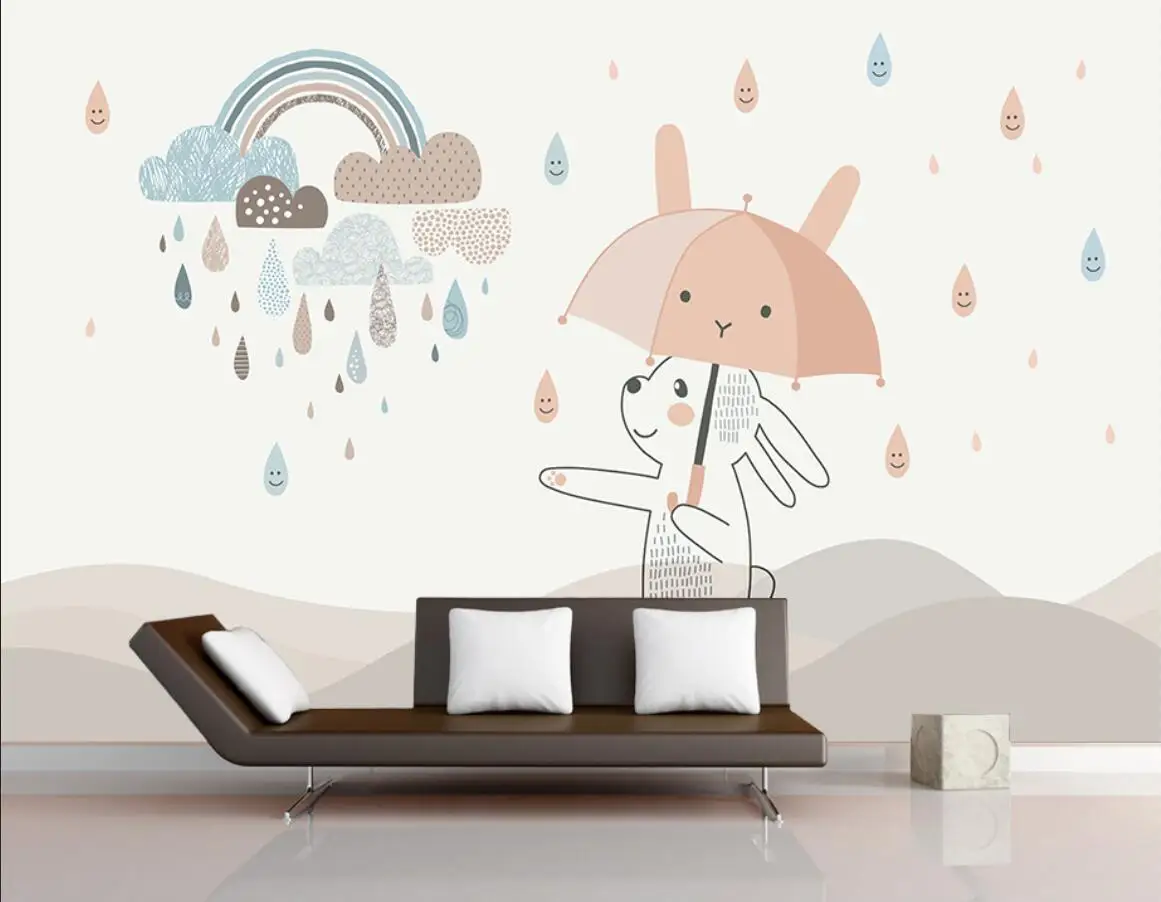 

Custom Wallpaper Cartoon Rabbit Umbrella Raindrop Cloud Children Background wall Home Decoration Kindergarten Mural 3d wallpaper