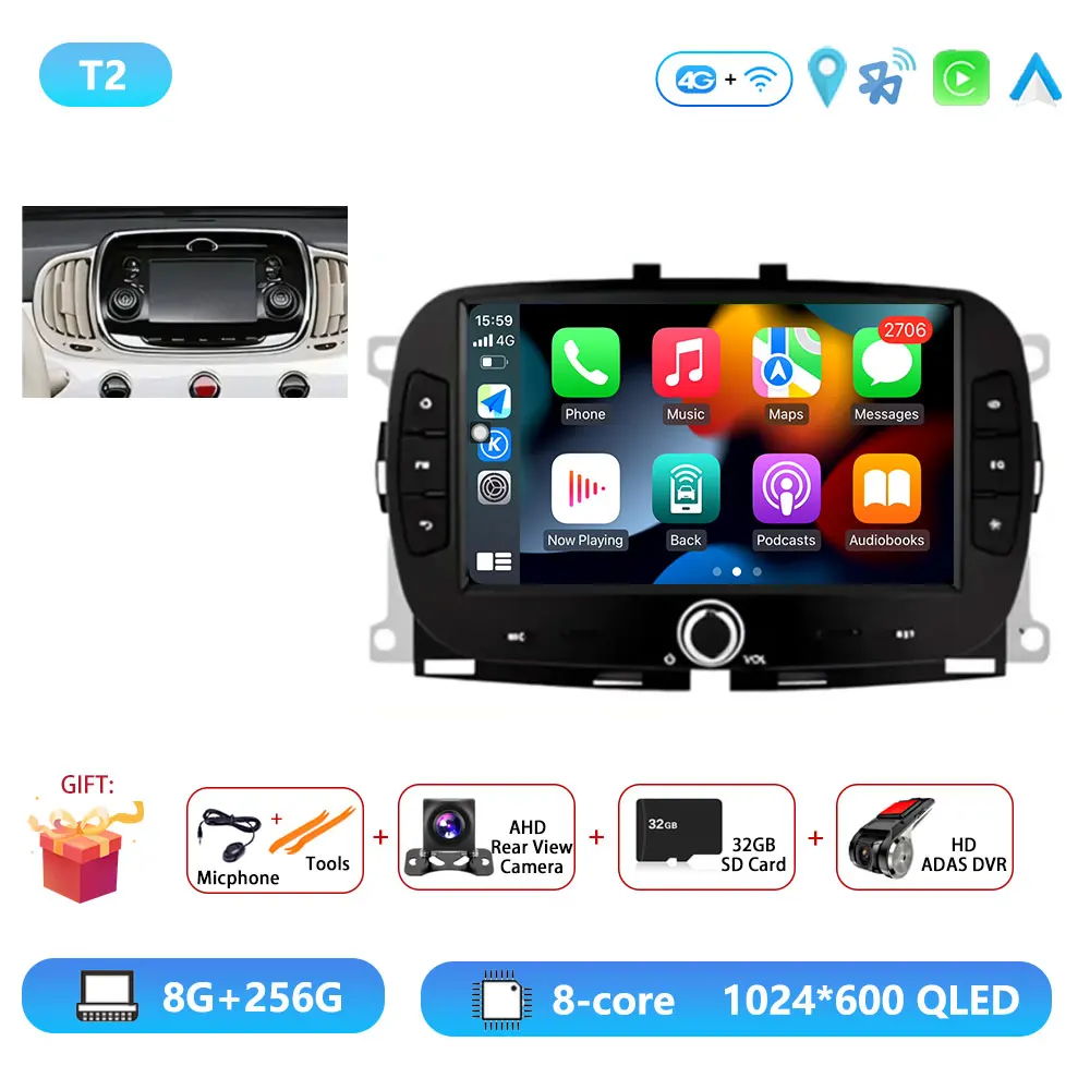 Android15 Voor Fiat 500 2016-2019 Autoradio Multimedia Speler Video Navigatie Carplay Stereo GPS WIFI DSP Carplay Android auto