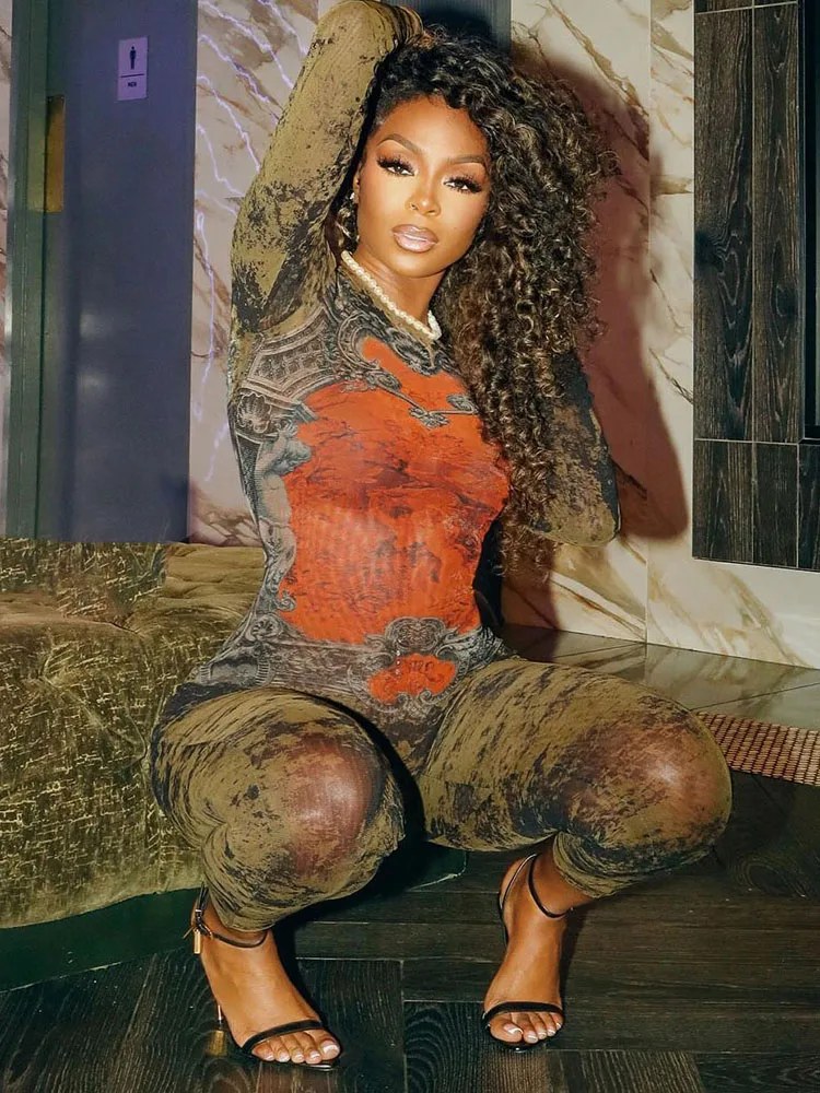 Nibber Stretch Tie-Dye Print Jumpsuit Women Fitness Tight Sexy o-Neck Full Sleeve Skinny Streetwear Autumn Zip Slim Overalls