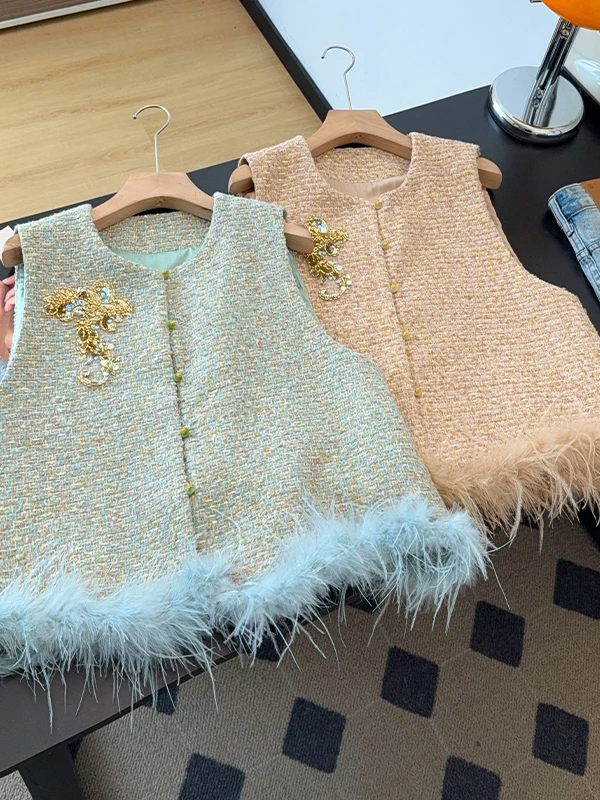 Autumn 2026 Chinese Style Women's  Handmade Embroidered Patchwork Ostrich Feather Blend Thick Tweed Top Traditional Fas...