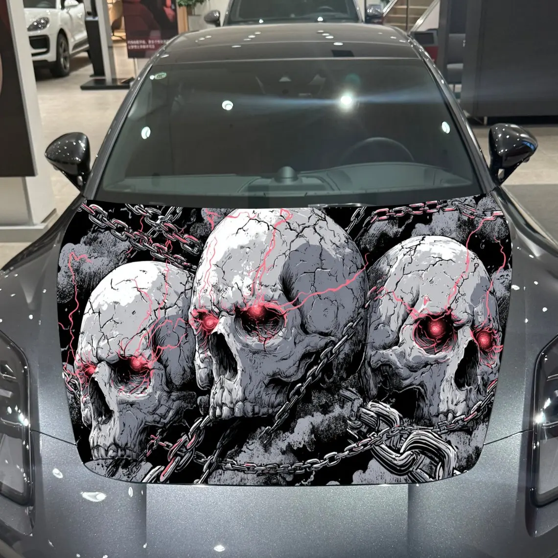

Chained Red-Eye Skulls Mystic Thrill PVC Car Engine Hood Vinyl Wraps, Self-Adhesive Waterproof Car Hood Decal Sticker, Car Decor