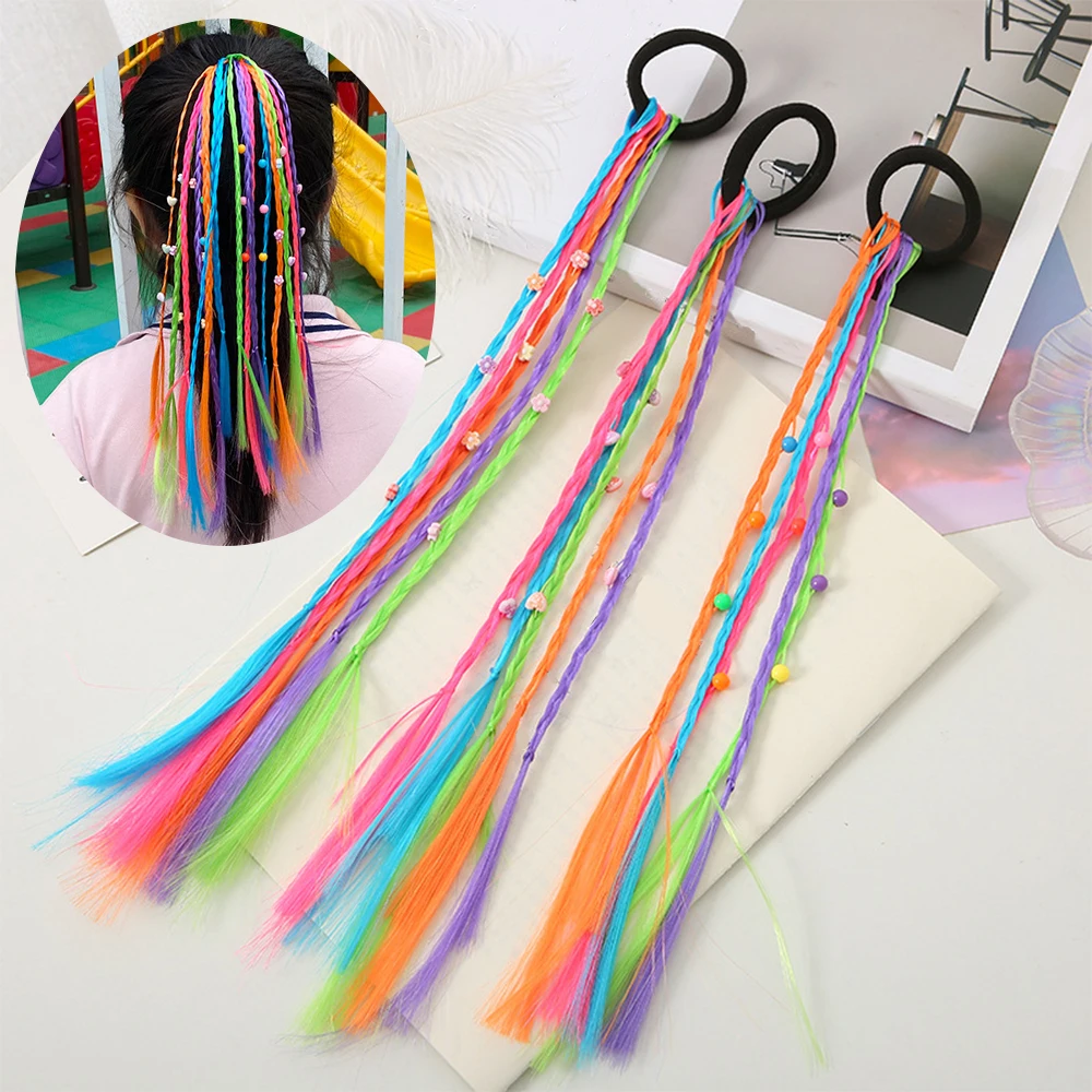 Synthetic Colored Braids Hair Extension For Kids Hair Accessories Rainbow Braided Ponytail Hairpiece With Rubber Bands For Daily