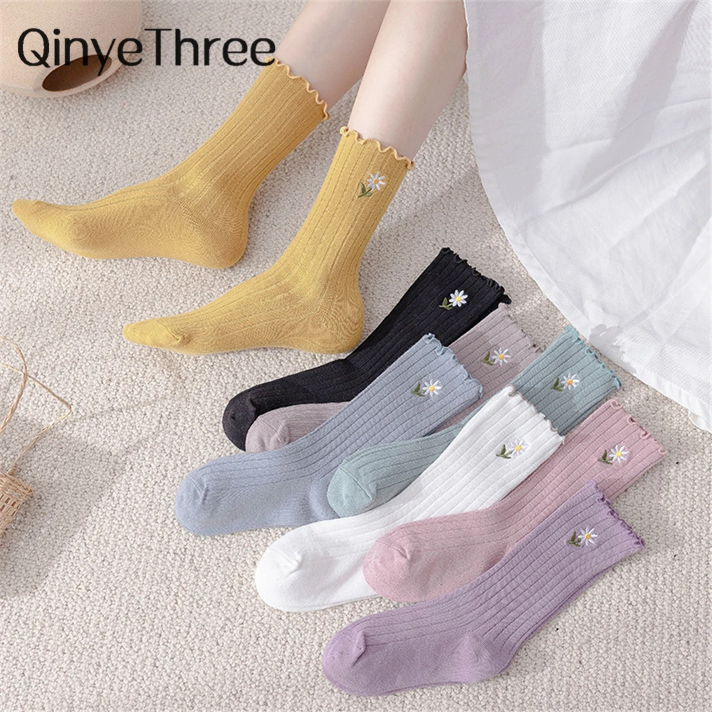 Sleeping Beauty Chic Embroidery Cartoon Floral Women's Socks Preppy Style Mori Girl Cute Dropship