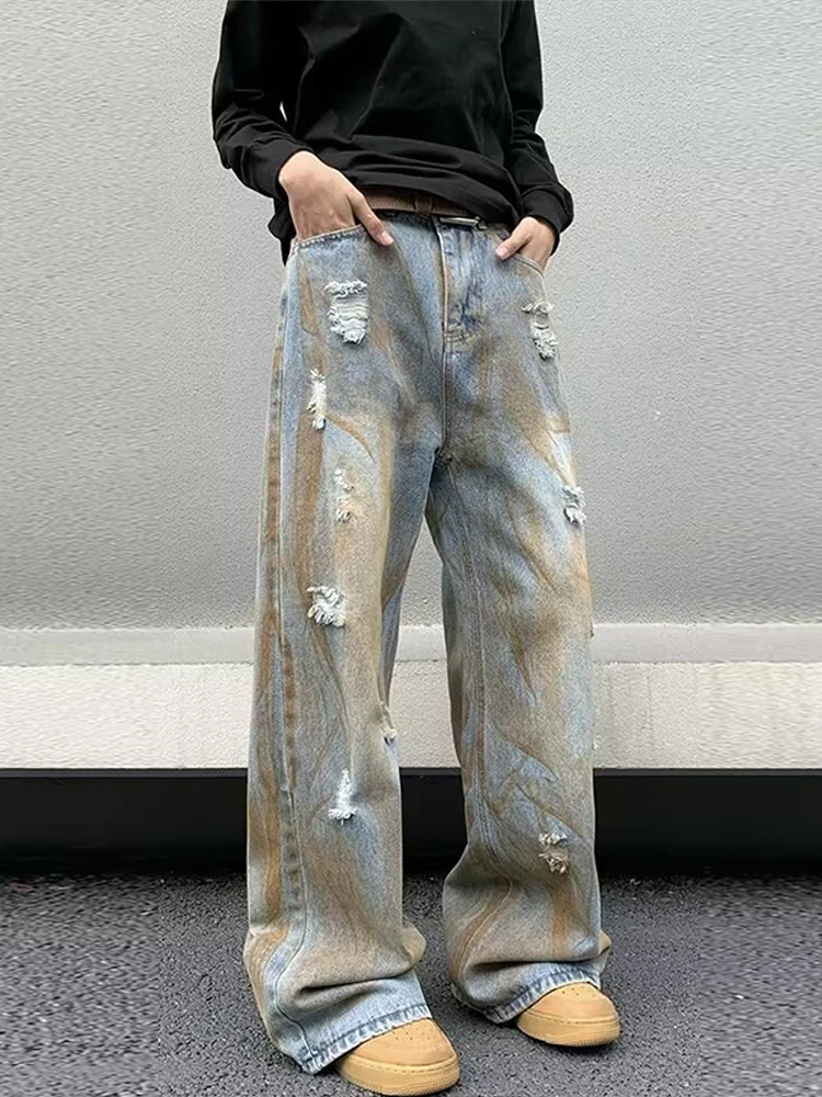 Holes Ripped Die Dye Men's Jeans Full Length Distressed Jeans For Man Loose Fit Zipper Fly Jean Denim Washed StreetWear Pant