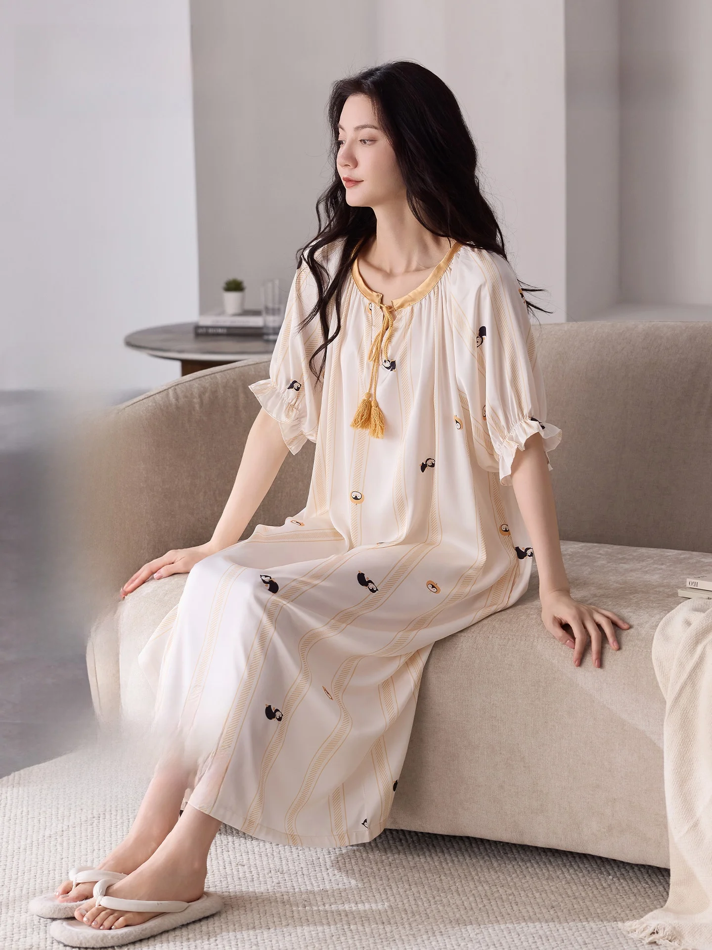 Silk Sleepwear Women's Summer Thin Short Sleeve Home Clothes Midi Dress Can Be Worn outside Casual Loose Style Ultra Soft