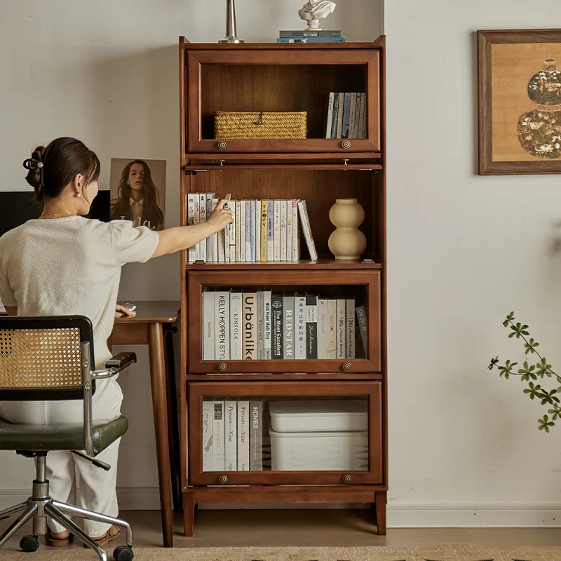 

Solid wood bookcase locker household storage narrow vertical cabinet locker living room American bookshelf with glass door displ