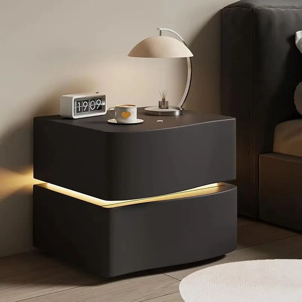 

Modern Nightstand With Led Light, Leather Night Stand With Drawer, Solid Wood Bedside Table (2 Drawers, Black)