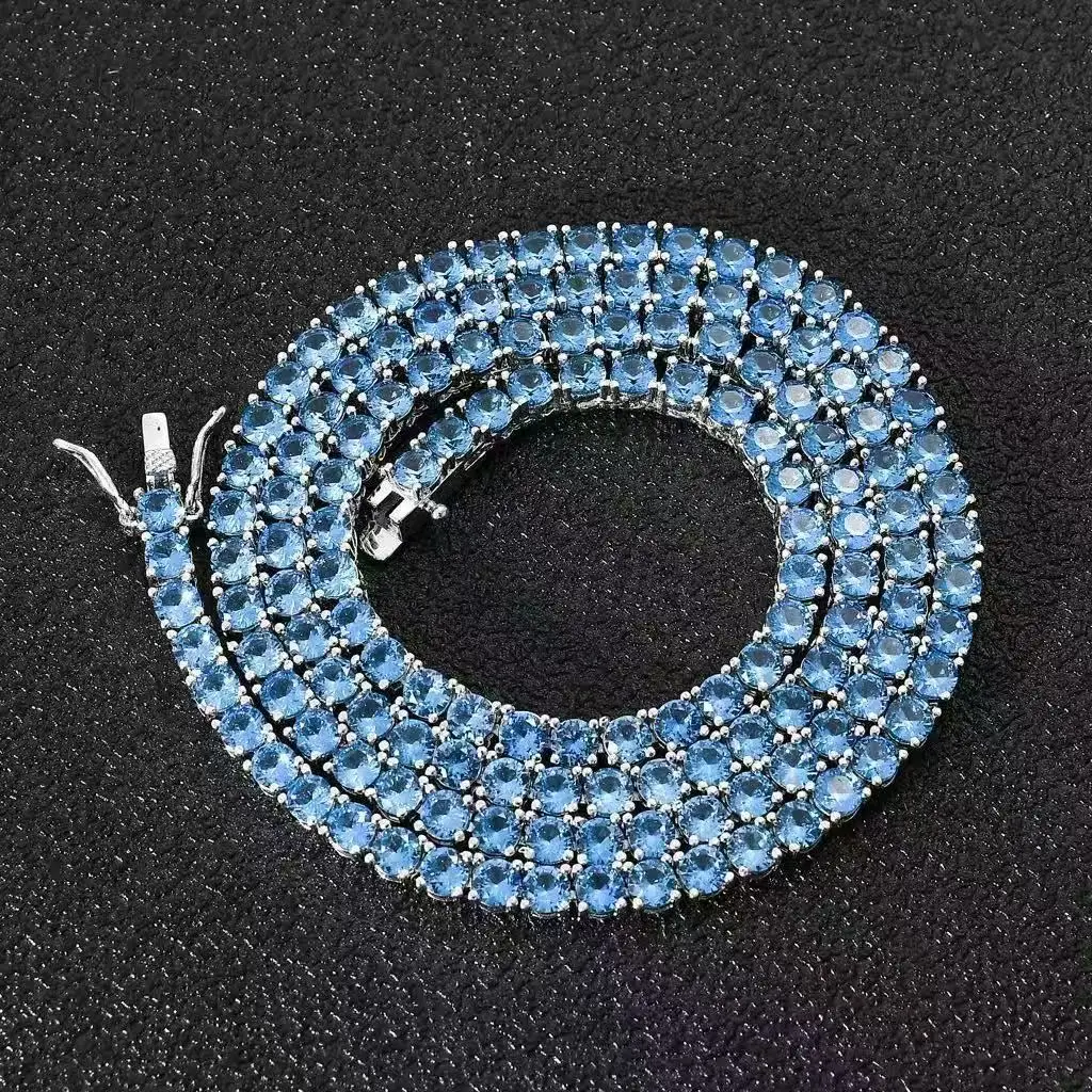 Iced Out 4mm Tennis Chain Necklace 18K Gold Plated With Sparkling CZ Blue Pink White Crystal Unisex Bling Rapper Statement Jewelry Single Row Round Zircon Gemstone Necklace For Party Concert Daily Holiday Gift Full Paved Shiny Tennis Chain For Men Women
