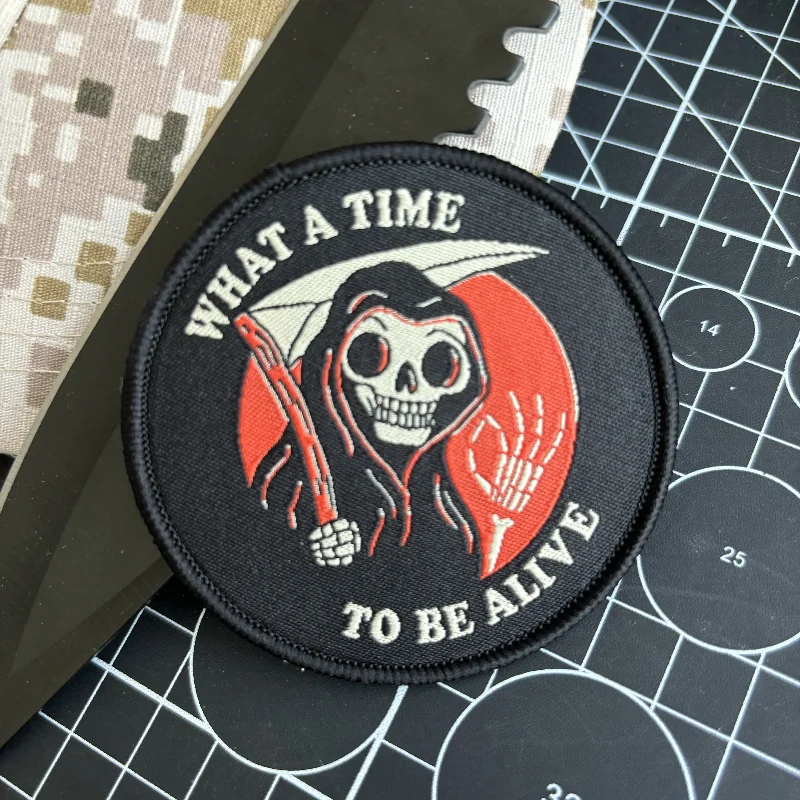 Patch tático crânio da morte para mochila, Patches de impressão, Gancho e laço, Adesivo militar, Que hora para estar vivo Moral Emblema,