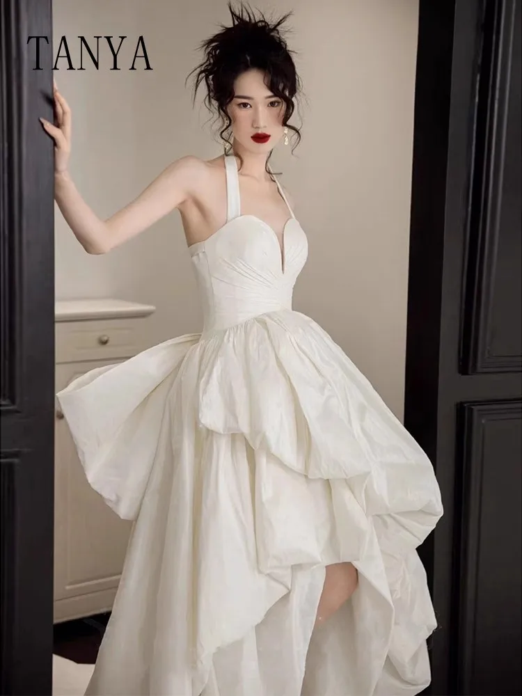 Vestido de novia Alto y Bajo con cola de lazo desmontable, romántico, sin mangas, cuello Halter, tafetán, vestidos de baile de novia