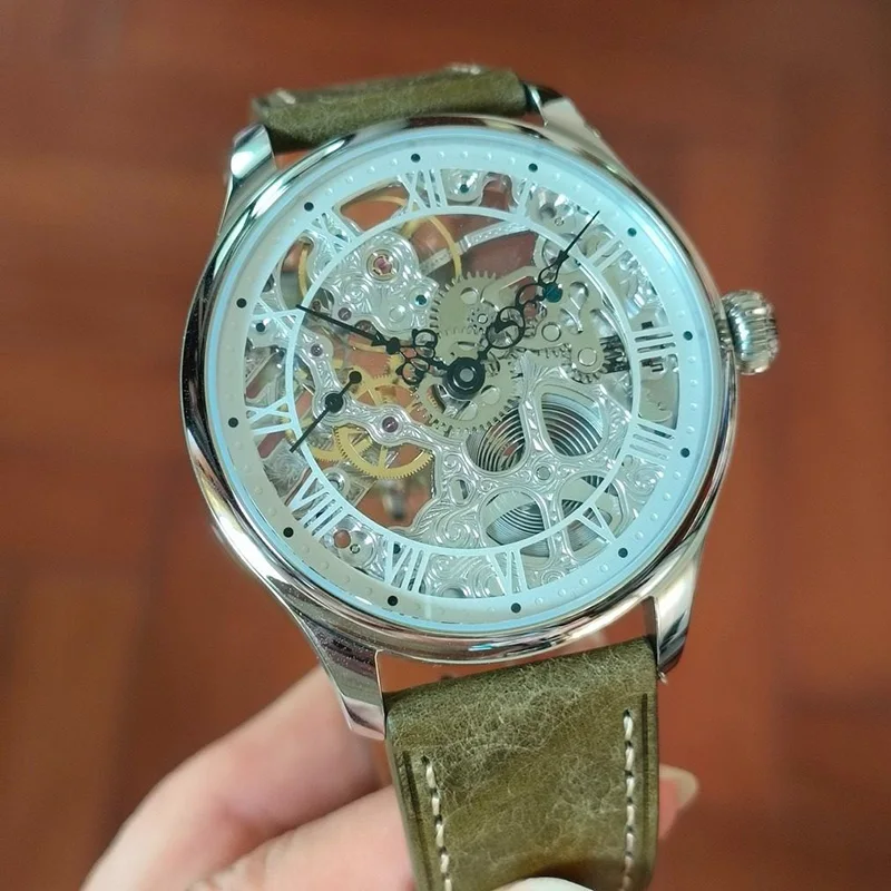 Men's 44mm Large Case Manual Mechanical Watch Roman Numeral Dial Seagull St3600k Fully Skeletonized Movement3atm Water Resistant