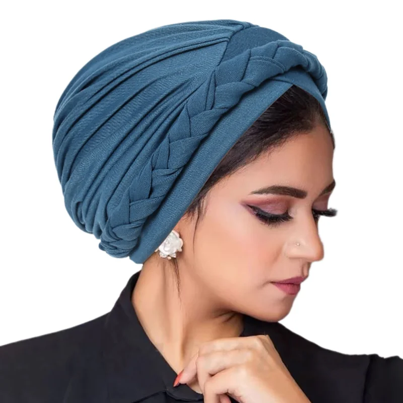 KepaHoo Solid Color Braid Muslim Hijab Caps Crossed Forehead Women Wrap Head Soft Elastic Fashion Indian Turban Bonnet