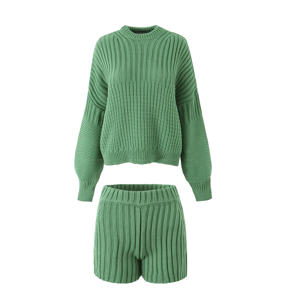 Suninheart 2024 Autumn and Winter Knitted Suit Sweet Solid Color Loose Sweater Sexy Slim Shorts Set