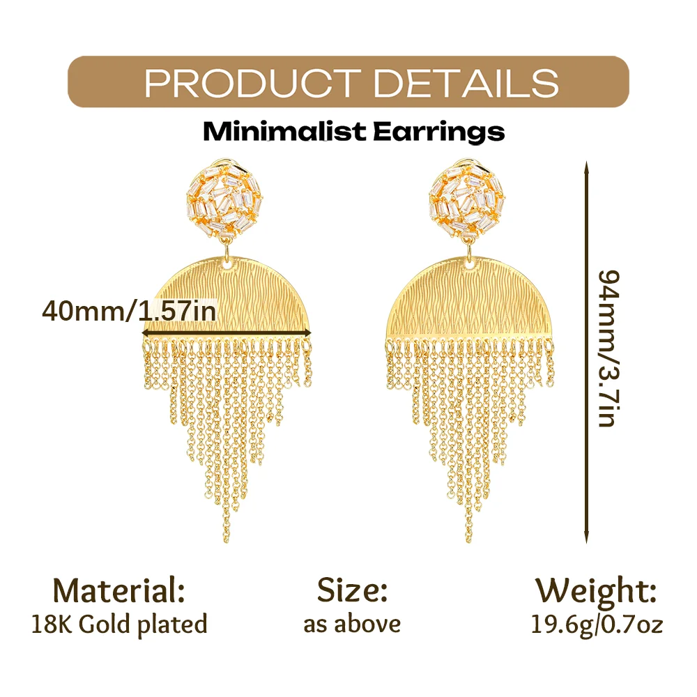 YTJX Trendy Big Semicircle Tassel Drop Earring 18 Gold Plated Baguette Cubic Zirconia Statement Earring Club Photo Shoot Jewelry