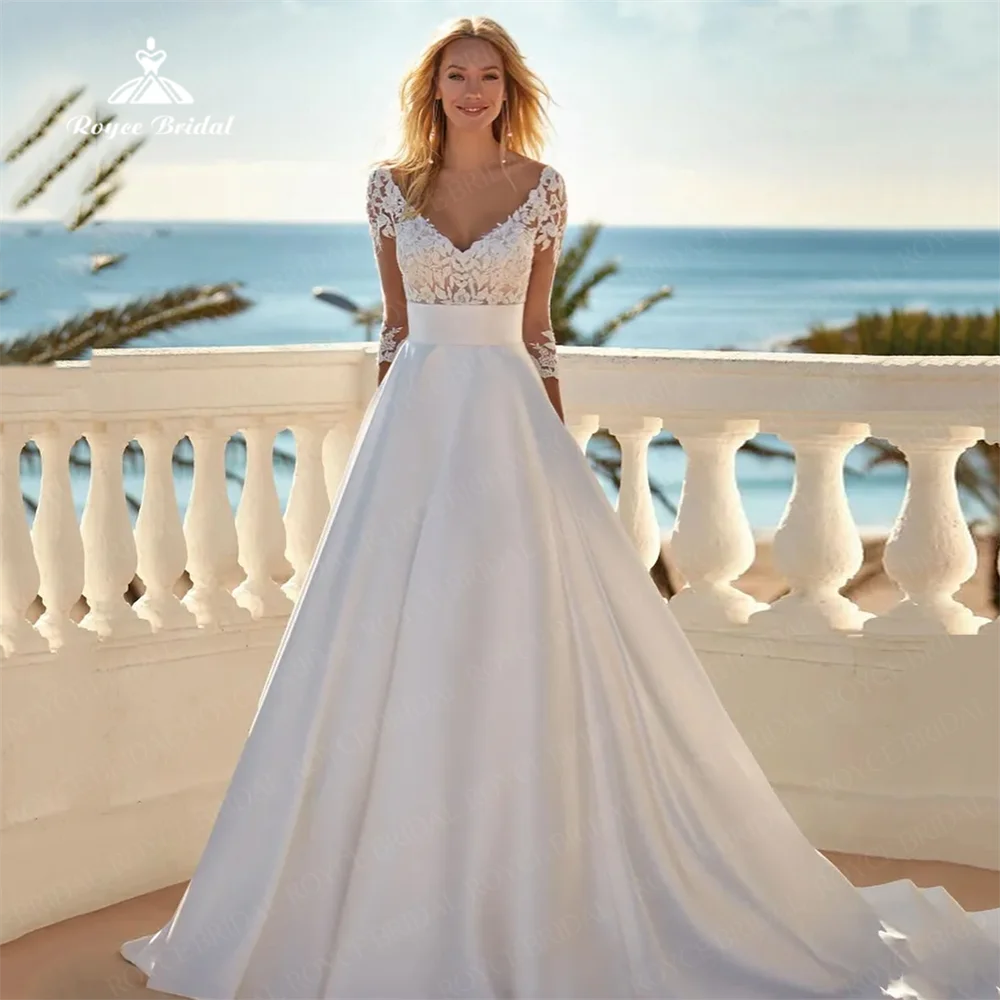 Roycebridal Boho A Line Satijn Met Kanten Applique Driekwart Mouwen Trouwjurk V-Hals Bruid Jurk Aanpassen Voor Bruid