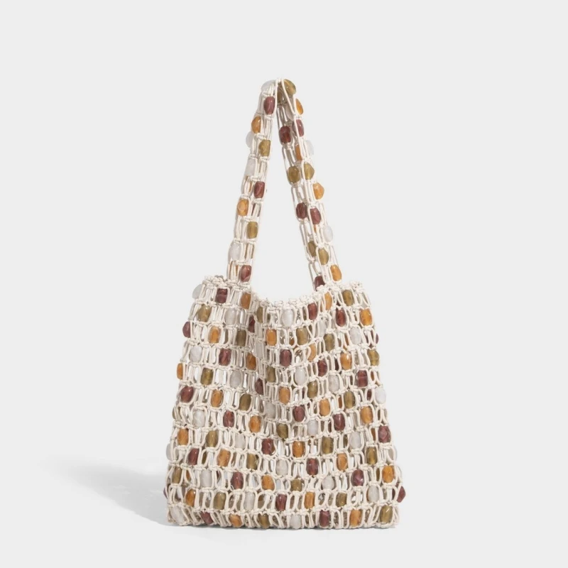 

Summer Trend Design Handmade Beaded Hollow Out Cotton Rope Crochet Bag Large Capacity Female Vacation Underarm Shoulder Tote Bag