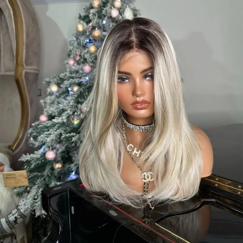 18Inches Natural Straight Synthetic Hair Wig Platinum Blonde with Dark Root Glueless Premium Fiber Lace Front Wig for Daily Wear