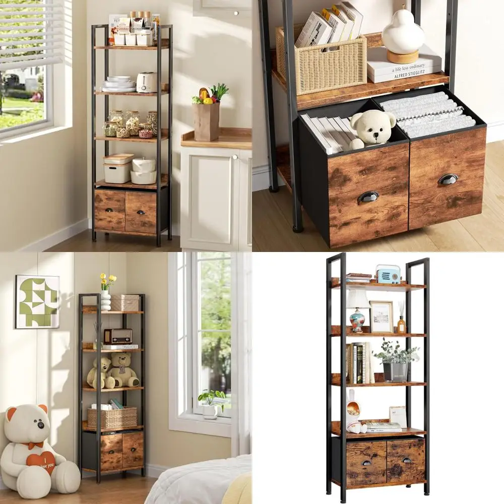 

Высокий книжный шкаф с 5 полками и 2 ящиками, в индустриальном стиле, из дерева и металла, цвета рустик-коричневый, для домашнего офиса и гостиных комнат