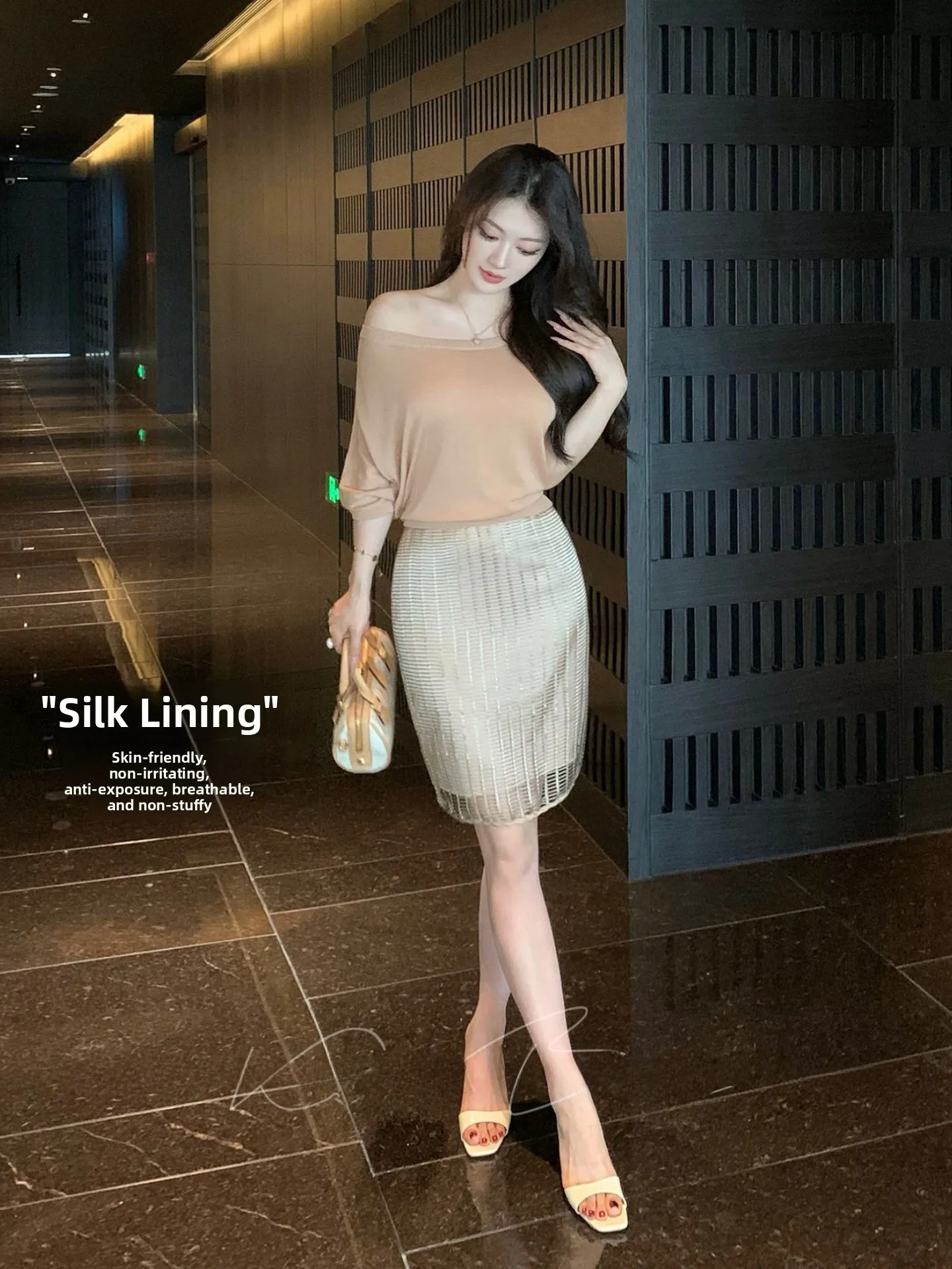 

Ladies Summer Slim Fit Knitted Set Lazy Style Gold Weave Half Skirt Casual Two Piece Set Breathable High Waist Stripe Pattern