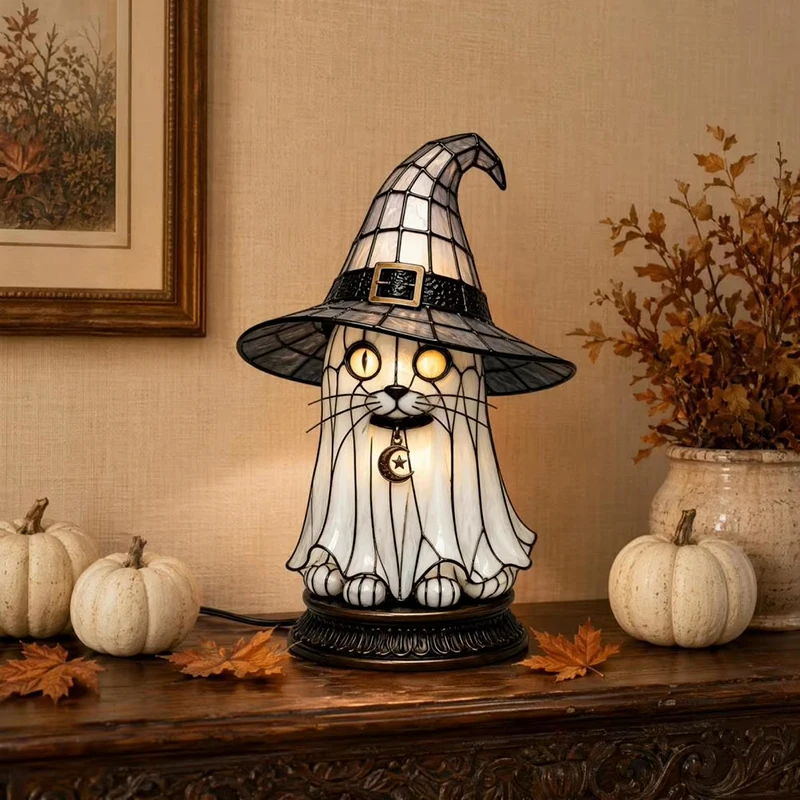 Halloween Stained Resin Black Cat Witch Hat Table Lamps Retro Gothic Desktop Night Light For Home Decor Holiday Ornament Gift