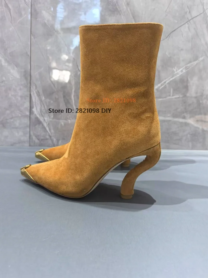 

Brown Suede Leather Stunning Metal Toe S-Shape Heeled Ankle Boots Women Pointed Toe High Heel Short Boots