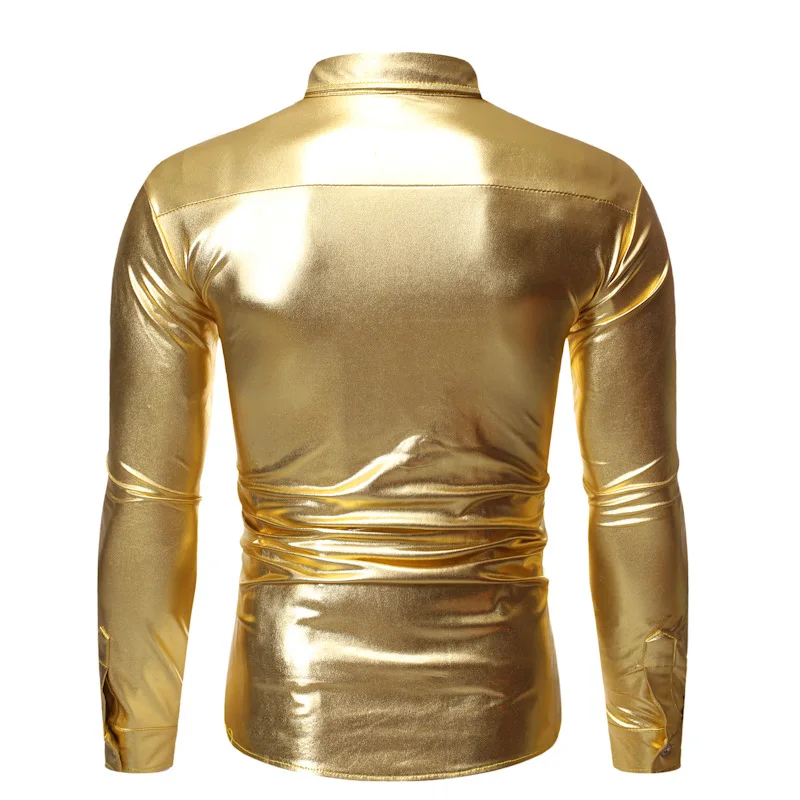 Men's Disco Shiny Gold Sequin Metallic Design Dress Shirt Long Sleeve Button Down Christmas Halloween Bday Party Stage Costume