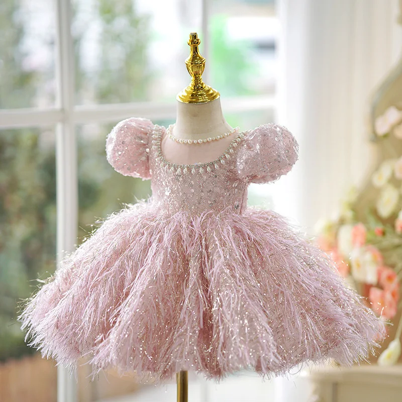 ANGELSBRIDEP Pink Flower Girl Dresses Feathers Princess Dress Baby Girls Host Performance Dress Gorgeous and Elegant