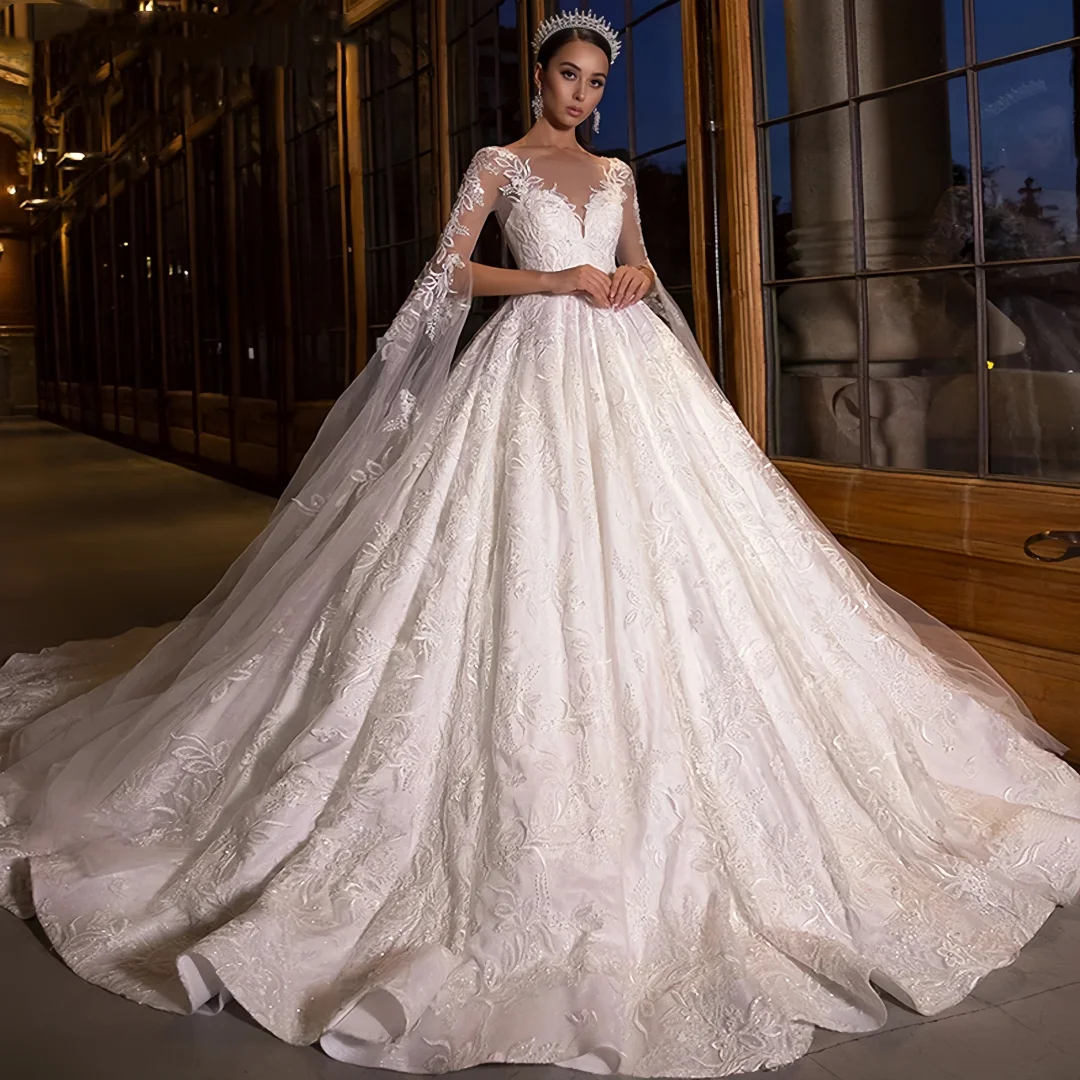 Suknie ślubne na zamówienie, wykwintne suknie balowe, dekolt okrągły, koronkowe, długość do podłogi, długie rękawy, suknie ślubne z trenem kaplicznym, Vestido