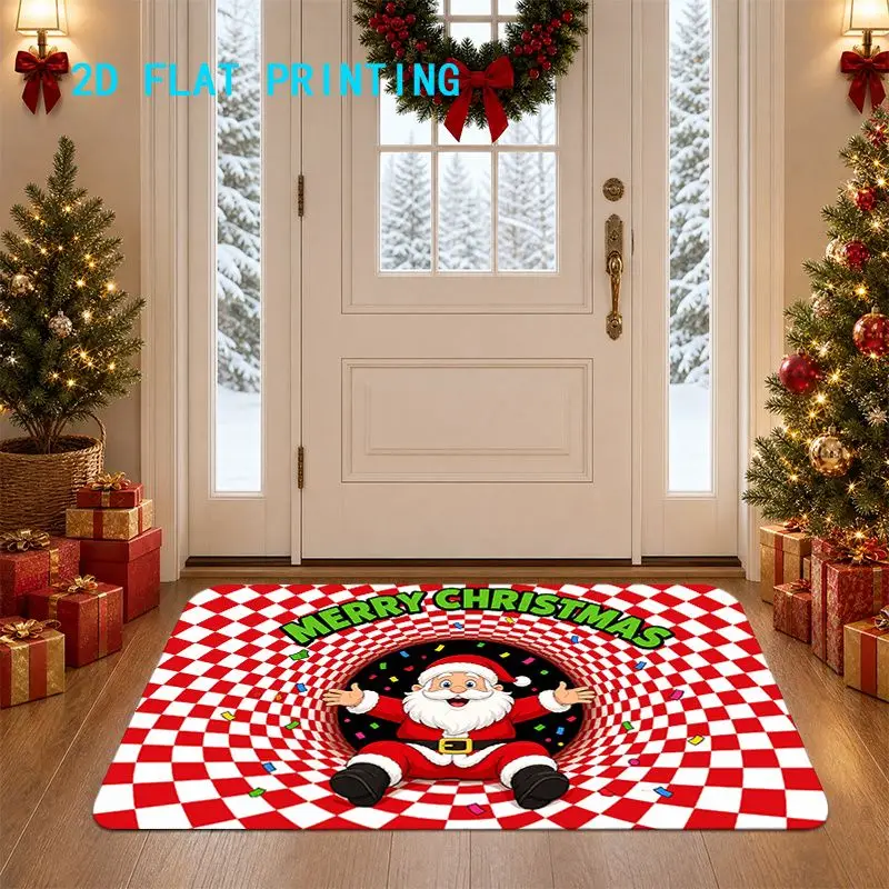 VIKAMA Christmas Doormat Swirl Checkered Santa Claus Non-Slip Absorbent Low Profile Indoor Outdoor Entryway Rug, Xmas Home Decor