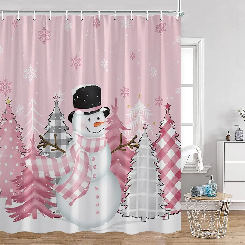 Cute Pink Snowman Shower Curtain Winter Forest Xmas Tree Gift Christmas Home Bathroom Decor Polyester Bath Curtains with Hooks