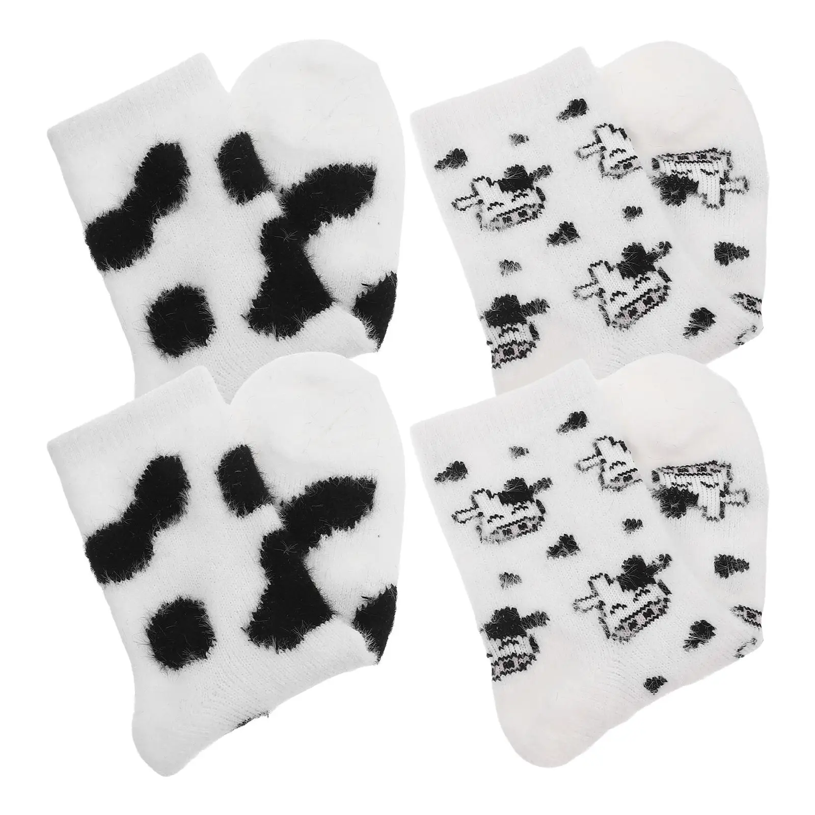 

2 Pairs White Mid Calf Socks for Women Thick Warm Furry Cartoon Winter Tube Stockings Sweat Absorbing Elastic